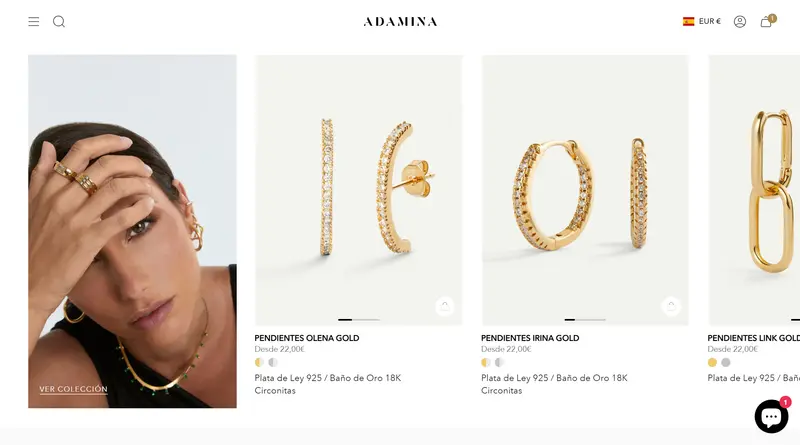 Horizontal scroll product row on Adamina next to an editorial collection photo