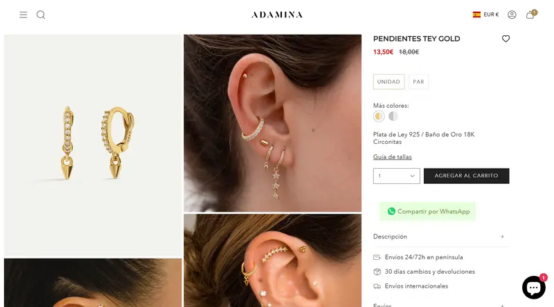 Adamina product page with photo gallery, single or pair option, color swatches and add to cart button