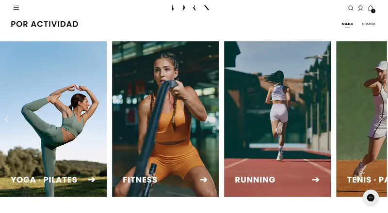 Born Living Yoga shop-by-activity carousel with yoga and pilates, fitness, running and tennis collections