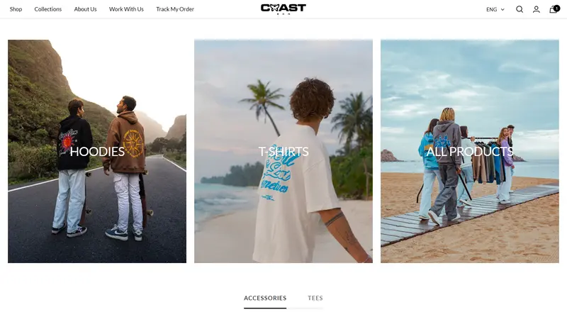 CoastBCN collection tiles for hoodies, T-shirts and all products, with category tabs below