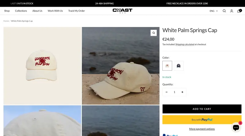 CoastBCN product page with photo gallery, color selector, stock status and a PayPal button
