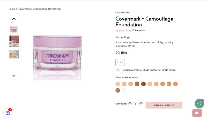 Cosmeticos24H product page with shade swatches, star ratings and an estimated delivery window