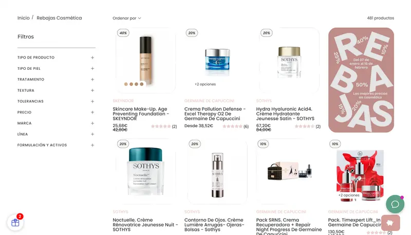 Cosmeticos24H sale collection with filters for skin type, treatment and brand, plus discount badges