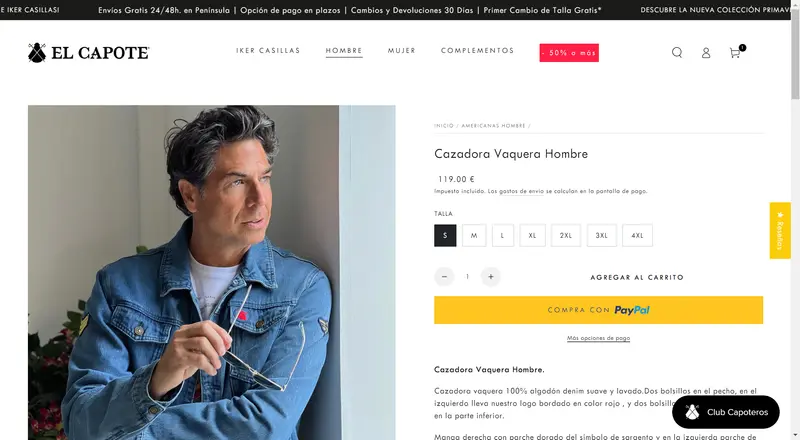 El Capote denim jacket product page with a size selector and a PayPal checkout button