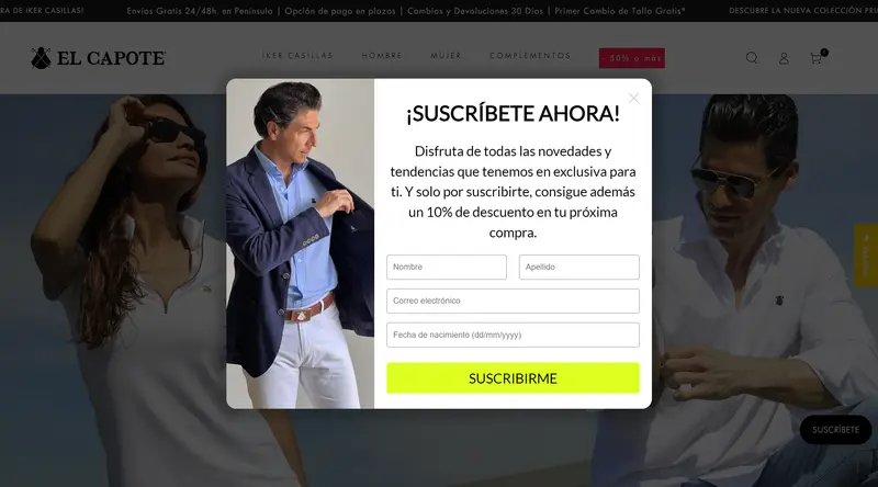 El Capote newsletter sign-up pop-up with a form and a 10% discount on the next order