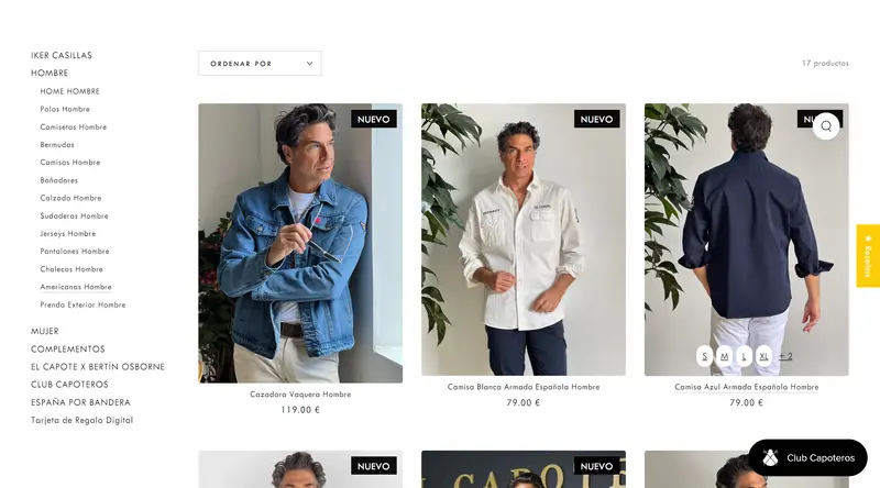 El Capote men's collection with a category sidebar, New badges and sizes shown on hover