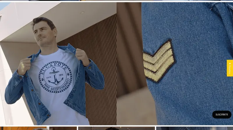 Editorial block for El Capote's Iker Casillas collection, with a denim jacket and a close-up of the embroidered patch