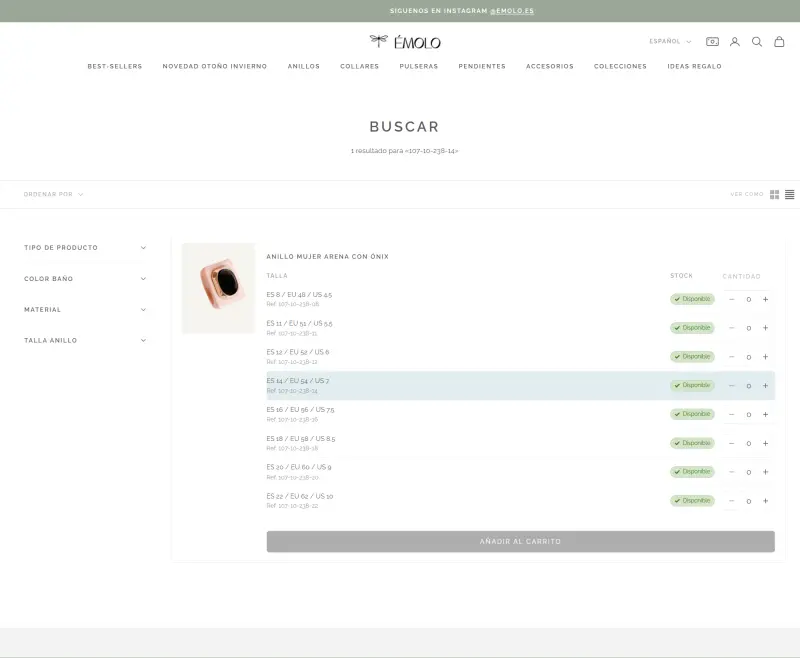 SKU search on Émolo's B2B portal, with the matching size row highlighted in the order table