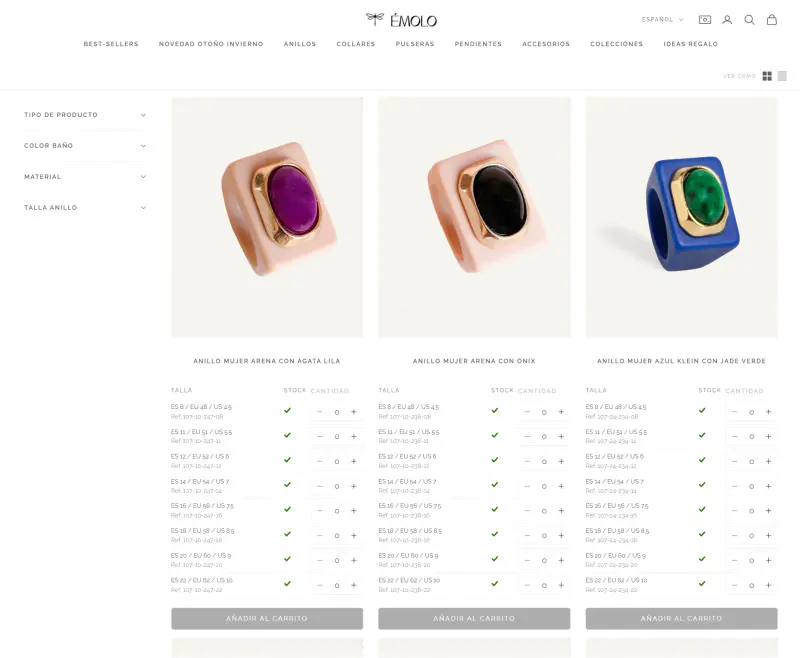 Émolo B2B collection in grid view, each card with its own size, stock and quantity table