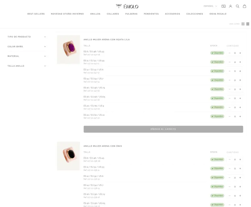 Émolo B2B collection in list view, with a size order table for each ring
