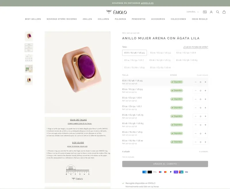Size-by-size order table on an Émolo B2B product page, with stock and quantity per row