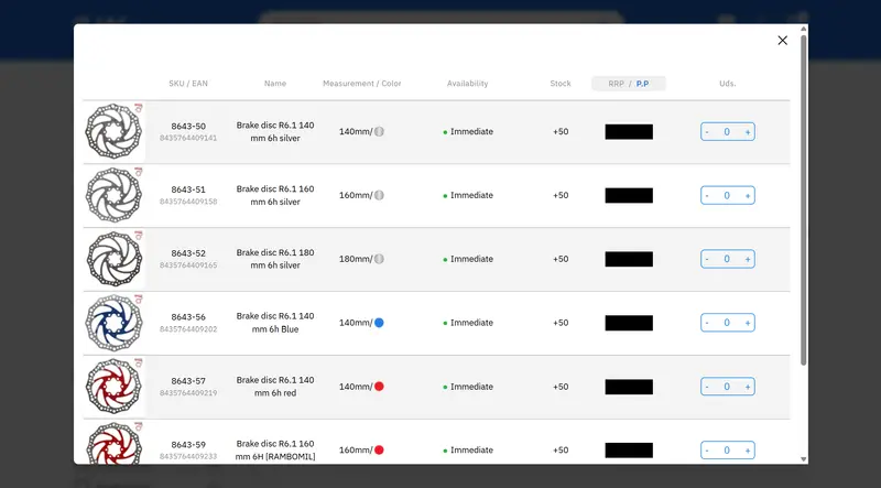 Ewheel B2B variant picker in a modal, with SKU, EAN, availability, stock, price and units per row