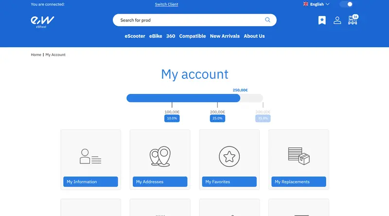 Ewheel B2B account area with a spend progress bar across discount tiers and account shortcuts