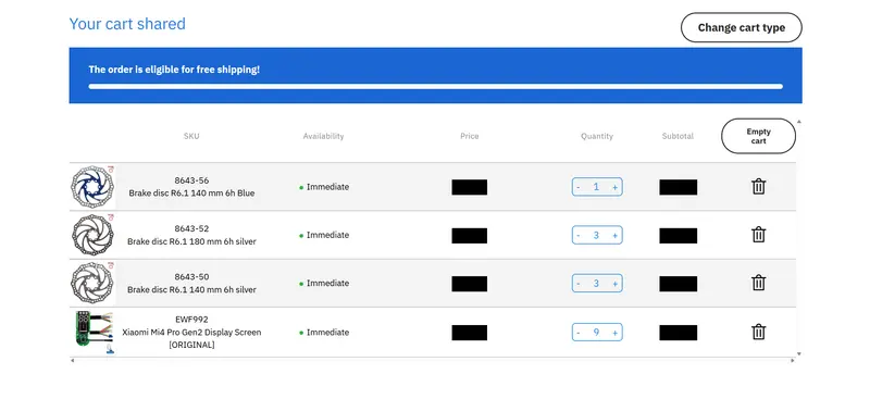 Ewheel B2B shared cart as a table, with availability, quantity, subtotal and a free shipping notice