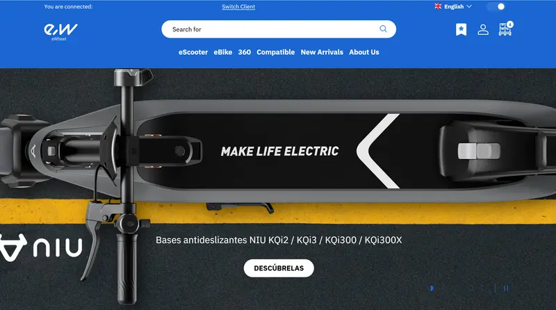 Ewheel B2B home page with search, e-scooter and e-bike menu, a client switcher and a product banner