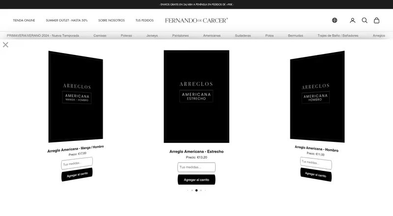 Fernando de Cárcer blazer alterations carousel, each with a price, a measurements field and add to cart button