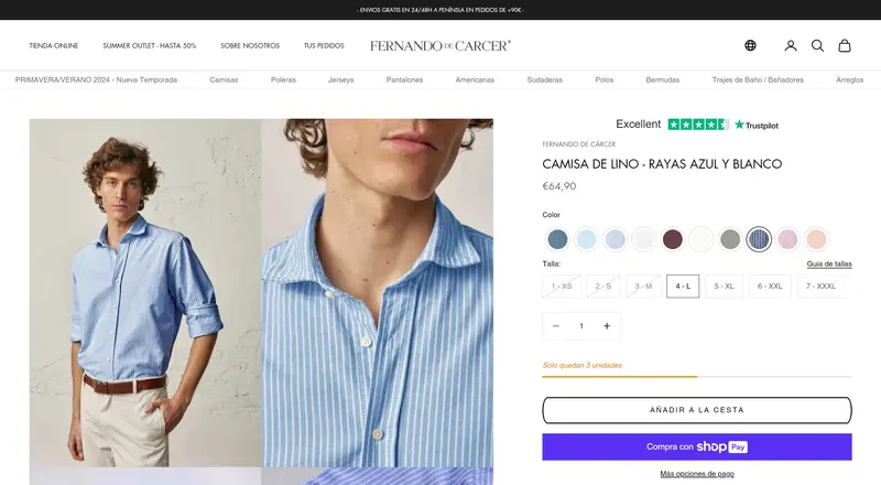 Fernando de Cárcer product page with color swatches, crossed-out sold-out sizes, a size guide and a low stock notice