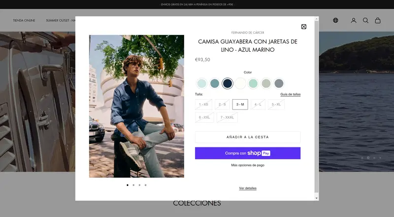 Fernando de Cárcer quick view modal with photo carousel, color swatches and available sizes