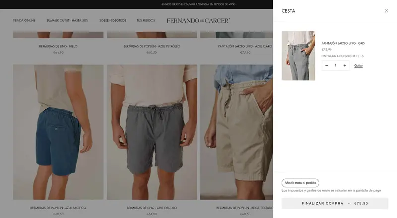 Fernando de Cárcer drawer cart with linen trousers, an order note option and the checkout button