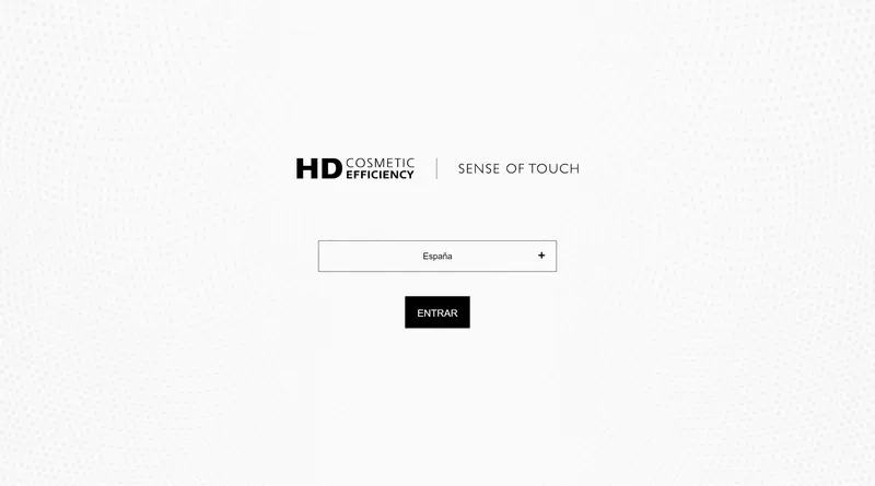 HD Cosmetics and Sense of Touch entry page with a country selector and an Enter button