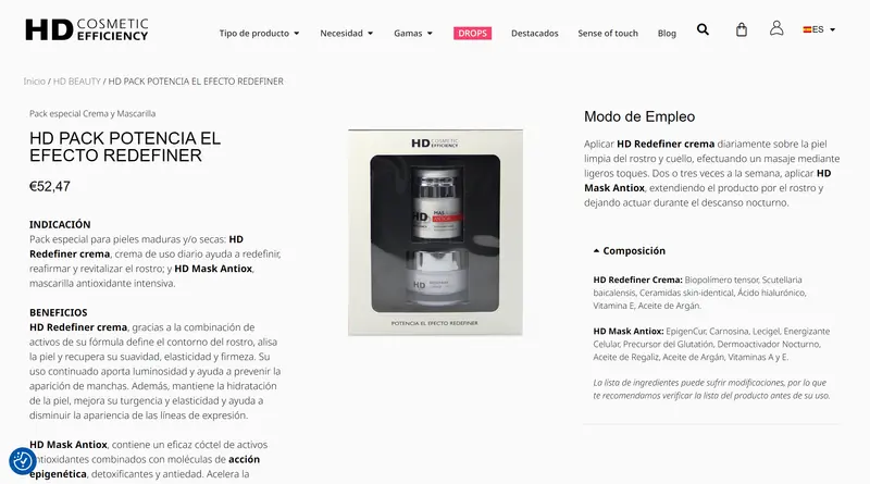 HD Cosmetics product page for a cream and mask pack, with indications, benefits, directions and ingredients