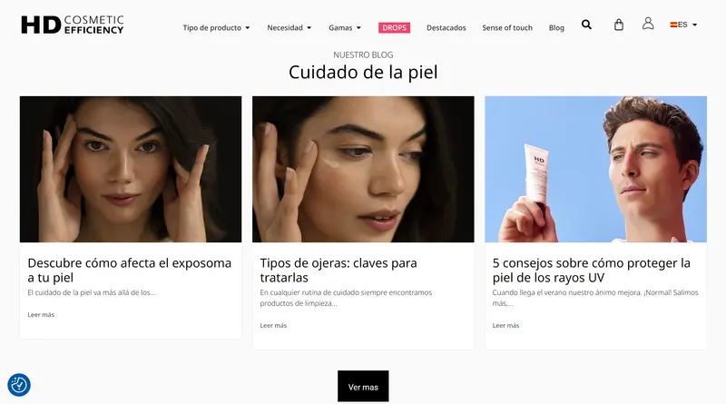 HD Cosmetics skincare blog section with three article cards and a See more button