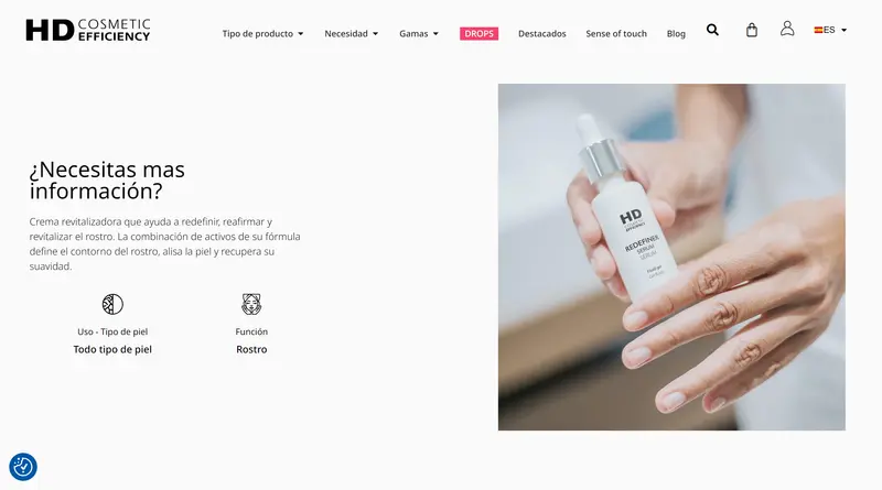 HD Cosmetics product information block with description, skin type, function and a product photo