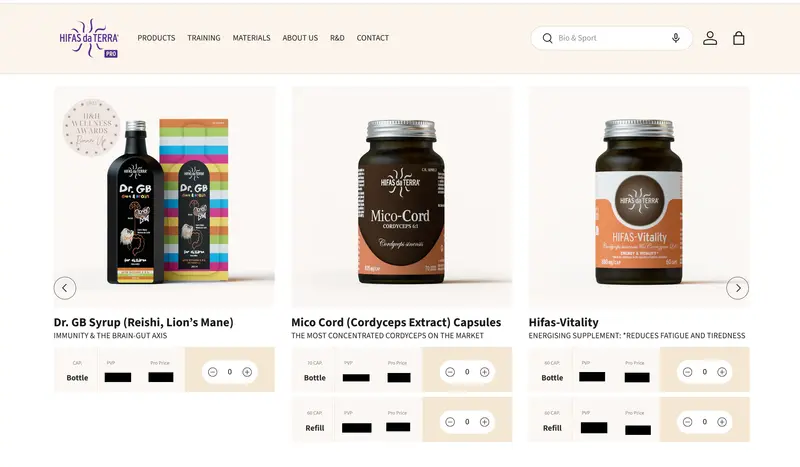 Product carousel on Hifas da Terra's professional portal, with retail price, pro price and quantity on each card