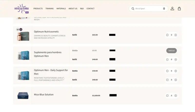 Hifas da Terra product list as a table, with bottle and refill rows, prices, quantities and a sold-out badge