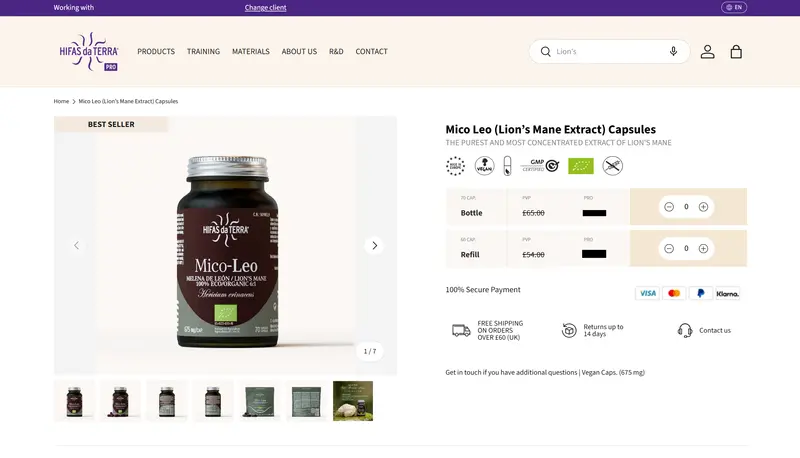 Product page on Hifas da Terra's professional portal, with retail price, pro price and quantity per format