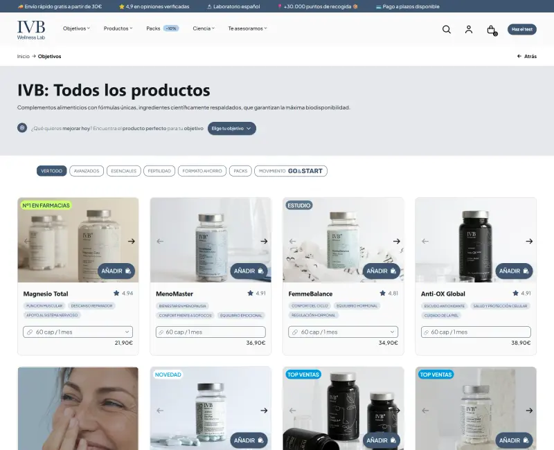 IVB Wellness Lab consumer store collection with range filters, product badges, a format selector and an add button on each card