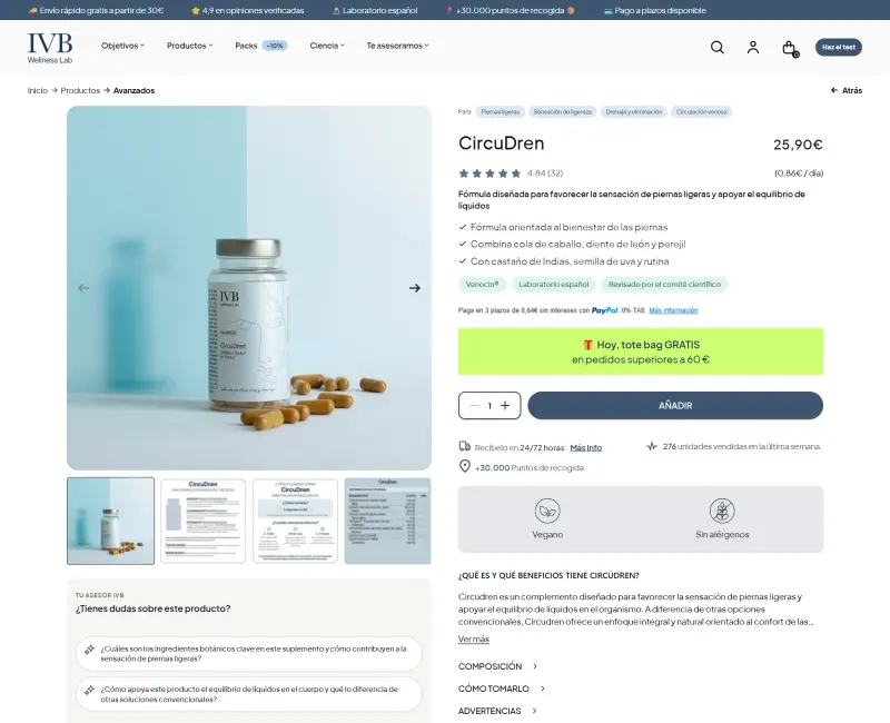 IVB Wellness Lab consumer store product page with gallery, ratings, badges, a free gift threshold banner and an add button
