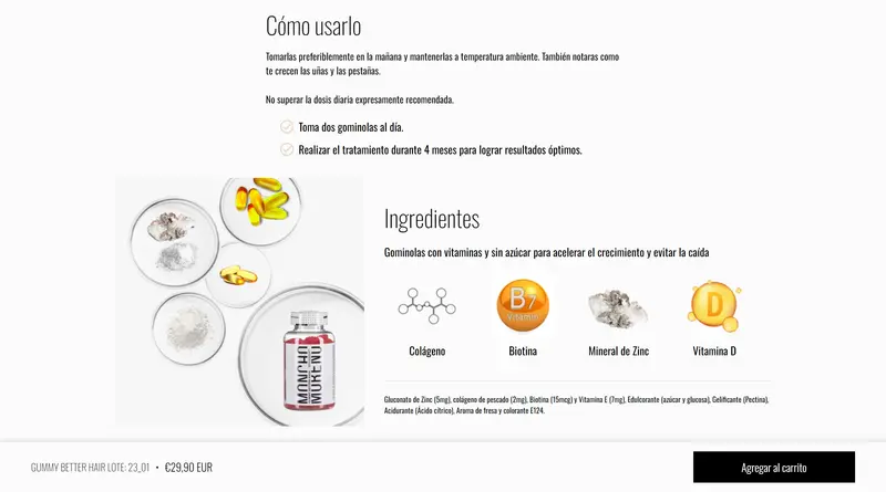 How to use and ingredients sections on a Moncho Moreno product page, with icons and a sticky cart bar