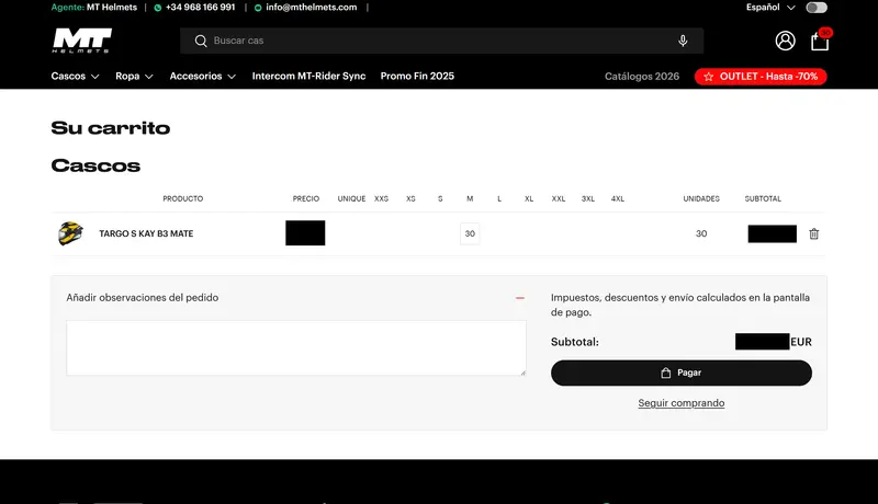 MT Helmets B2B cart grouped by category, with units per size, an order notes field and checkout button