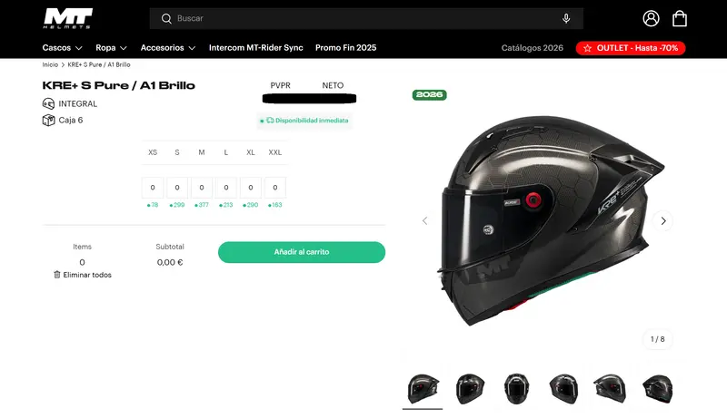 MT Helmets B2B product page with quantity boxes per size, stock per size and a running subtotal