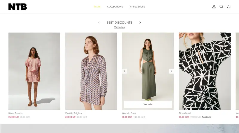 Best discounts carousel on Name The Brand's home page, with sale price, original price and a sold-out label