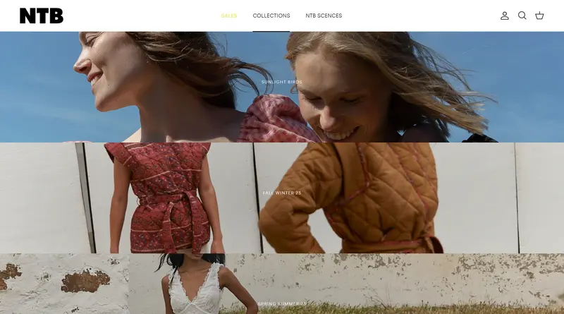 Name The Brand collections shown as full-width bands, such as Sunlight Birds and Fall Winter 23