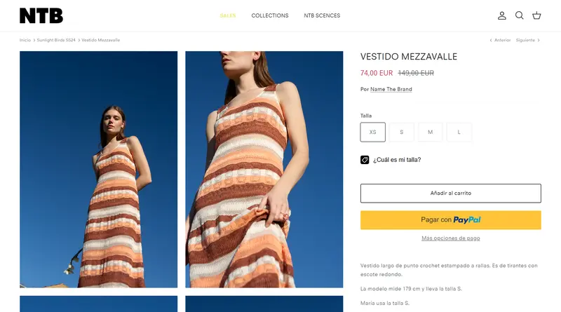 Name The Brand product page with sale price, size selector, a size help link and PayPal checkout