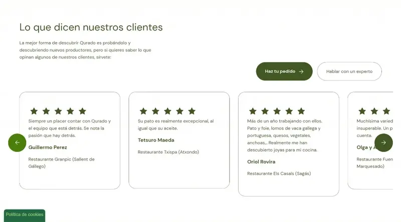 Qurado reviews carousel sliding with the arrow buttons: five-star restaurant testimonials and an order call to action