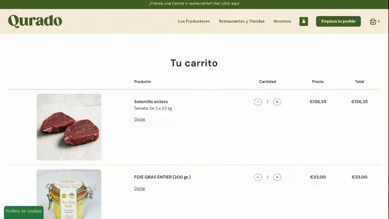 Scroll through Qurado's cart: line items with quantities, a delivery day field for seafood orders and the checkout button