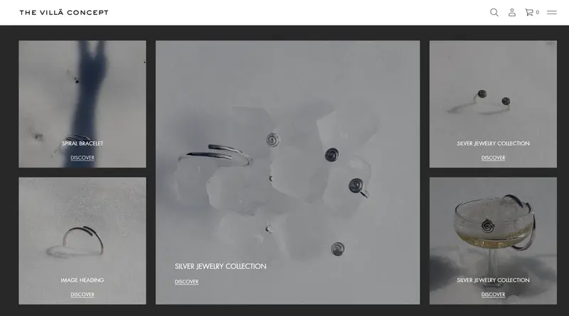 The Villa Concept collection mosaic with five silver jewelry tiles and Discover links