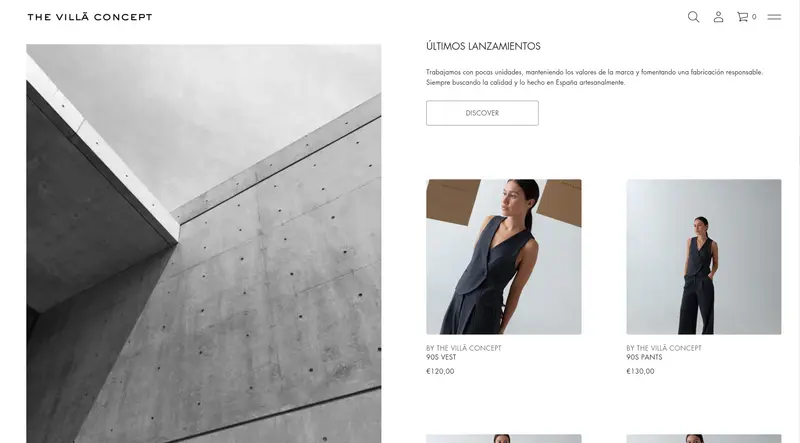 The Villa Concept latest releases section with an editorial photo, brand copy and products with prices