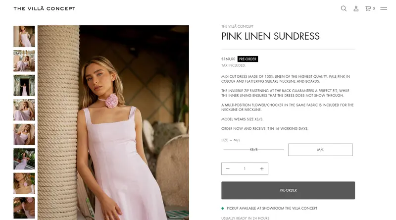 The Villa Concept pre-order product page with thumbnail gallery, a crossed-out unavailable size and showroom pickup