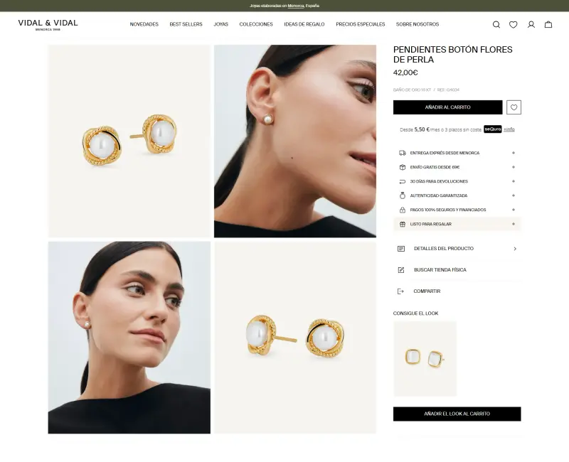 Product page on Vidal & Vidal's consumer store, the source of the B2B theme, with photo gallery, expandable purchase benefits and a Get the look module